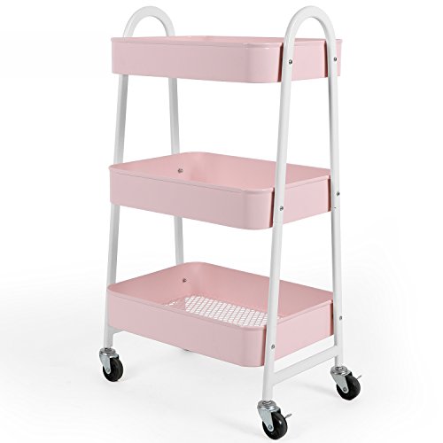 3-Tier Utility Rolling Cart with Large Storage and Metal Wheels for Office,Kitchen,Bedroom,Bathroom,Black,Pink,White