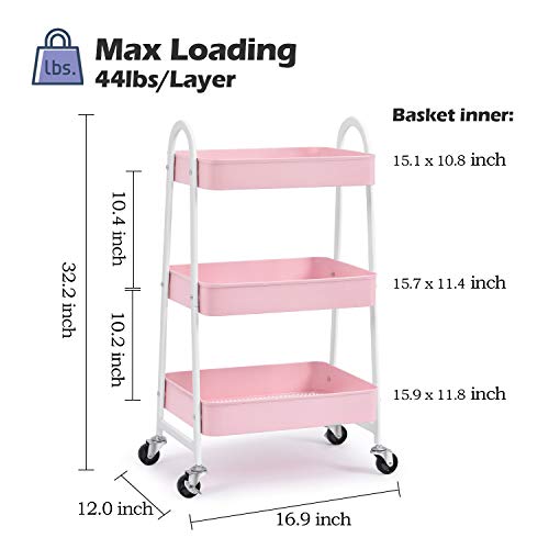 3-Tier Utility Rolling Cart with Large Storage and Metal Wheels for Office,Kitchen,Bedroom,Bathroom,Black,Pink,White