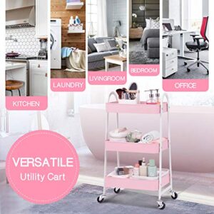 3-Tier Utility Rolling Cart with Large Storage and Metal Wheels for Office,Kitchen,Bedroom,Bathroom,Black,Pink,White