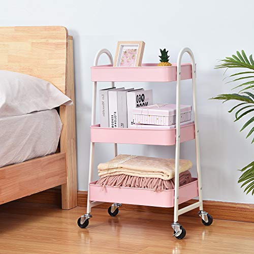 3-Tier Utility Rolling Cart with Large Storage and Metal Wheels for Office,Kitchen,Bedroom,Bathroom,Black,Pink,White