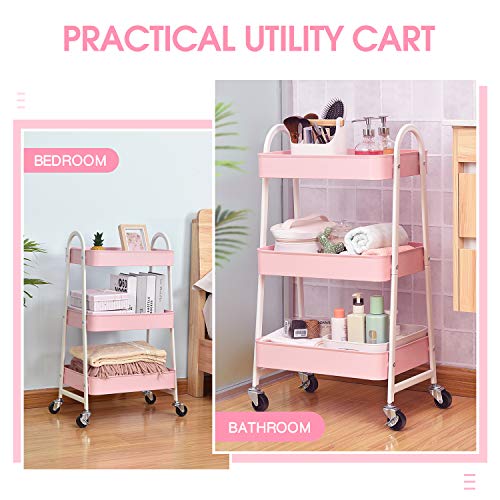 3-Tier Utility Rolling Cart with Large Storage and Metal Wheels for Office,Kitchen,Bedroom,Bathroom,Black,Pink,White