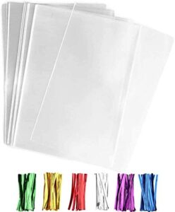 300 pcs clear 4″ x 6″ flat cello cellophane bags poly treat bags 2.8 mils for gift wrapping, bakery, cookie, candies, toast, dessert, party favors packaging with color twist ties