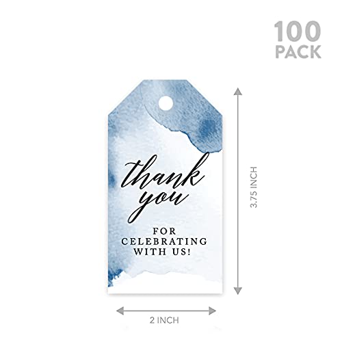 Andaz Press 100-Pack Thank You For Celebrating With Us Favor Tags Navy Blue Watercolor Cardstock Gift Tags with Bakers Twine for Wedding Baby Shower Bridal Shower Birthday Party Favors 2 x 3.75-Inches