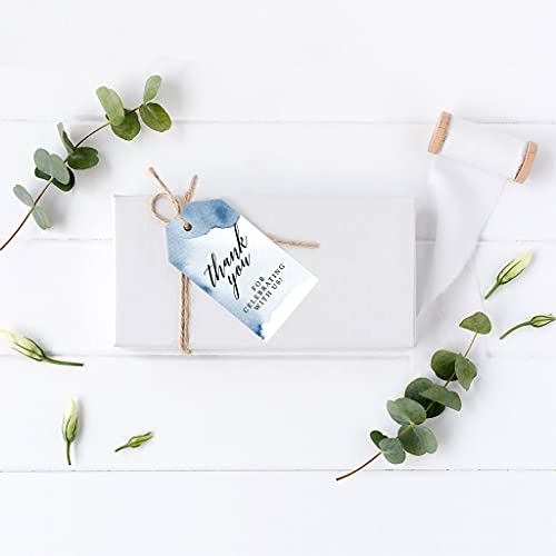 Andaz Press 100-Pack Thank You For Celebrating With Us Favor Tags Navy Blue Watercolor Cardstock Gift Tags with Bakers Twine for Wedding Baby Shower Bridal Shower Birthday Party Favors 2 x 3.75-Inches