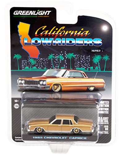 1985 Chevy Caprice Lowrider Custom Gold Metallic and Matt Gold California Lowriders Release 1 1/64 Diecast Model Car by Greenlight 63010 C