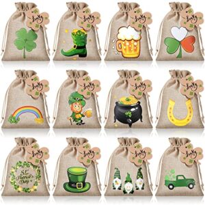 24 sets st. patrick’s day party favor bags green shamrock burlap gift bags st patricks day candy bags irish clover st patricks treat bags gift wrap bags for st. patricks day party favors, 7 x 5 inch