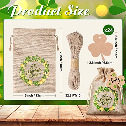 24 Sets St. Patrick's Day Party Favor Bags Green Shamrock Burlap Gift Bags St Patricks Day Candy Bags Irish Clover St Patricks Treat Bags Gift Wrap Bags for St. Patricks Day Party Favors, 7 x 5 Inch