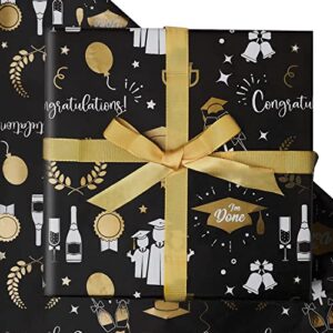 nepog 2022 graduation gift wrapping papers, 6 sheets black and gold gift wrap papers, 20 x 28 inch per sheet folded paper with 1 roll gold ribbon for graduation party gift wrap diy craft
