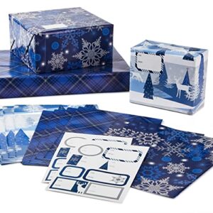 hallmark flat christmas wrapping paper sheets with cutlines on reverse and gift tag seals (12 folded sheets, 16 stickers) blue and silver snowflakes, deer forest scene, blue tartan plaid