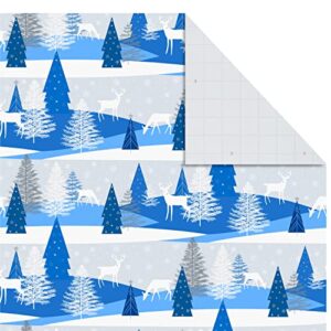 Hallmark Flat Christmas Wrapping Paper Sheets with Cutlines on Reverse and Gift Tag Seals (12 Folded Sheets, 16 Stickers) Blue and Silver Snowflakes, Deer Forest Scene, Blue Tartan Plaid