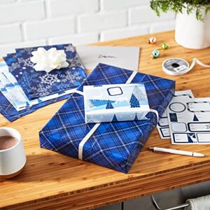 Hallmark Flat Christmas Wrapping Paper Sheets with Cutlines on Reverse and Gift Tag Seals (12 Folded Sheets, 16 Stickers) Blue and Silver Snowflakes, Deer Forest Scene, Blue Tartan Plaid