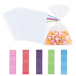 200 pack cellophane bags clear treat bag, 6 x 10 ” opp cello bags goodie bags with colored twist ties for kids party gift candy snack cookies
