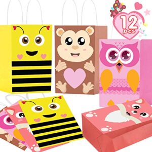 funnlot valentine day gift bags for kids 12pcs cute valentine candy bags valentine treat bags animals valentine paper bags with handles for chocolate snacks valentine party favor bags