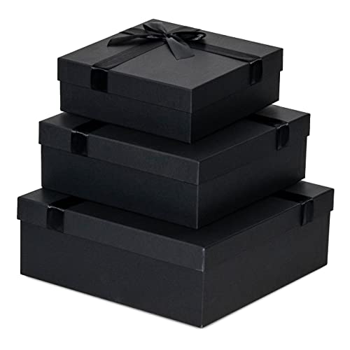 Black Gift Box - 3 Piece Nested Luxury Gift Box Set, Empty Black Gift Boxes with Lids & Ribbon Assorted Sizes Small to Large for Gift Wrapping, Holidays, Bridesmaid & Groomsmen Proposal Gifts, for Him