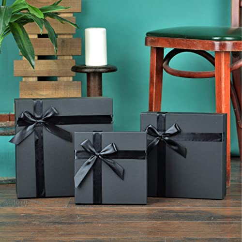 Black Gift Box - 3 Piece Nested Luxury Gift Box Set, Empty Black Gift Boxes with Lids & Ribbon Assorted Sizes Small to Large for Gift Wrapping, Holidays, Bridesmaid & Groomsmen Proposal Gifts, for Him