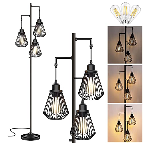 QiMH Dimmable Industrial Floor Lamp for Living Room Farmhouse Rustic, Tall Tree Standing Lamp with 3 Teardrop Hanging Edison LED Light Bulbs, Vintage Lamp for Ambience, Black