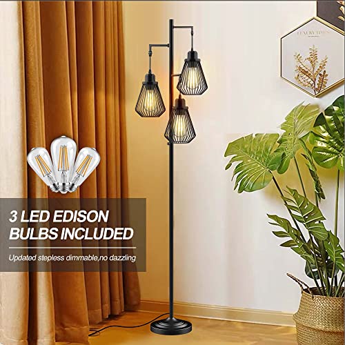 QiMH Dimmable Industrial Floor Lamp for Living Room Farmhouse Rustic, Tall Tree Standing Lamp with 3 Teardrop Hanging Edison LED Light Bulbs, Vintage Lamp for Ambience, Black