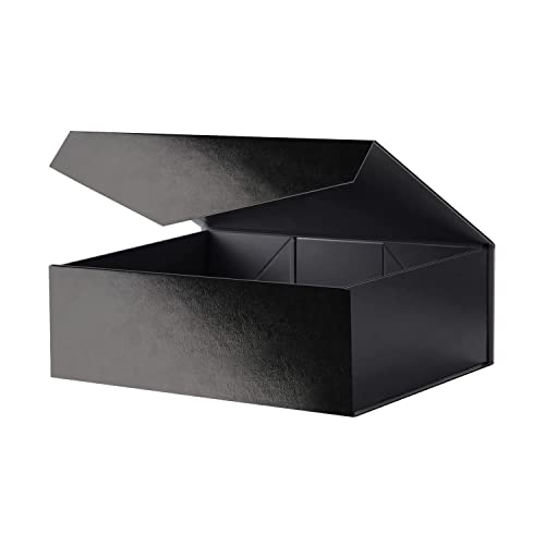 JINGUAN Large Black Collapsible Gift Box with Magnetic Closure Lid 13.5x9x4.1 Inches, Groomsman Proposal Box, Rectangle Present Box (Glossy Black,1 Pack)