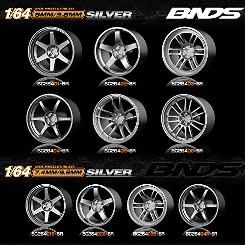 BNDS 1/64 Scale ABS Wheels Rubber Tires with Axles Plastict Material (4pcs/1 Kit) Modified Detail Up Parts for 1:64 Diecast Model Cars (BC26404, Silver)