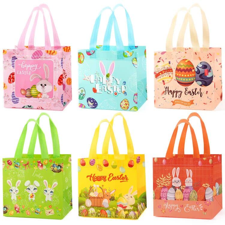 MAMUNU 6PCS Easter Bags with Handles, Non-Woven Reusable Gift Bags for Easter Egg Hunt Gift Wrapping, Easter Bunny Tote Bags Bulk for Easter Party Supplies, 8.3×7.9×6 inches