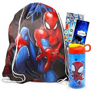 marvel store spiderman drawstring bag and water bottle – spiderman travel set with drawstring bag and 16 oz pull top water bottle for boys and girls (marvel travel bag)