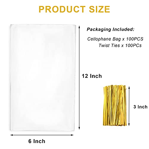 Yotelab Cellophane Bags, 6" x12" Clear Cellophane Treat Bags With Twist Ties, Cello Bags 100 PCS