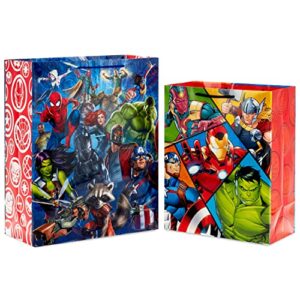 hallmark marvel superhero gift bag set (1 large 13″ bag and 1 extra large 15″ bag) with spider-man, hulk, thor, iron man for birthdays, christmas, halloween