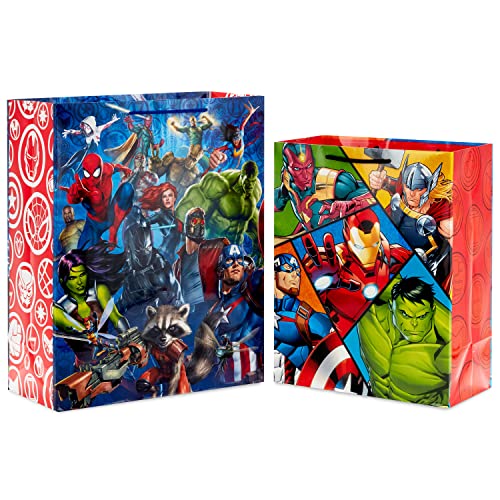 Hallmark Marvel Superhero Gift Bag Set (1 Large 13" Bag and 1 Extra Large 15" Bag) with Spider-Man, Hulk, Thor, Iron Man for Birthdays, Christmas, Halloween