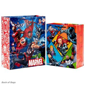 Hallmark Marvel Superhero Gift Bag Set (1 Large 13" Bag and 1 Extra Large 15" Bag) with Spider-Man, Hulk, Thor, Iron Man for Birthdays, Christmas, Halloween