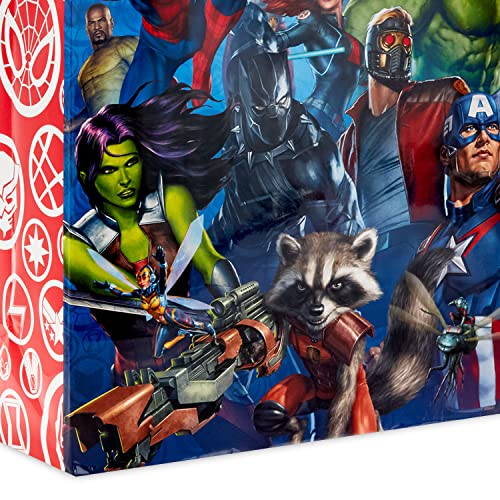 Hallmark Marvel Superhero Gift Bag Set (1 Large 13" Bag and 1 Extra Large 15" Bag) with Spider-Man, Hulk, Thor, Iron Man for Birthdays, Christmas, Halloween