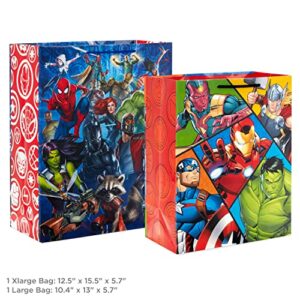 Hallmark Marvel Superhero Gift Bag Set (1 Large 13" Bag and 1 Extra Large 15" Bag) with Spider-Man, Hulk, Thor, Iron Man for Birthdays, Christmas, Halloween
