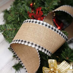 CT CRAFT LLC Burlap Plaid Buffalo Checkered Edge Wired Ribbon, 2.5" x 20 Yards x 1 Roll - Black with White, for Christmas, Home Decor, Gift Wrapping, Tree Topper Bow, Wreath, DIY Crafts