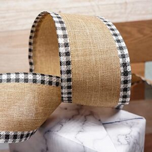 CT CRAFT LLC Burlap Plaid Buffalo Checkered Edge Wired Ribbon, 2.5" x 20 Yards x 1 Roll - Black with White, for Christmas, Home Decor, Gift Wrapping, Tree Topper Bow, Wreath, DIY Crafts