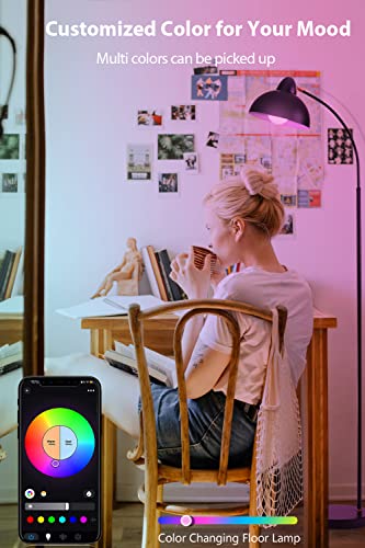 Smart WiFi RGB Floor Lamp Work with Alexa & Google Home, Arched Modern Industrial Standing Tall Lamp, Color Changing Dimmable LED Bright Floor Lamp with Remote for Living Room, Bedroom, Office-Black