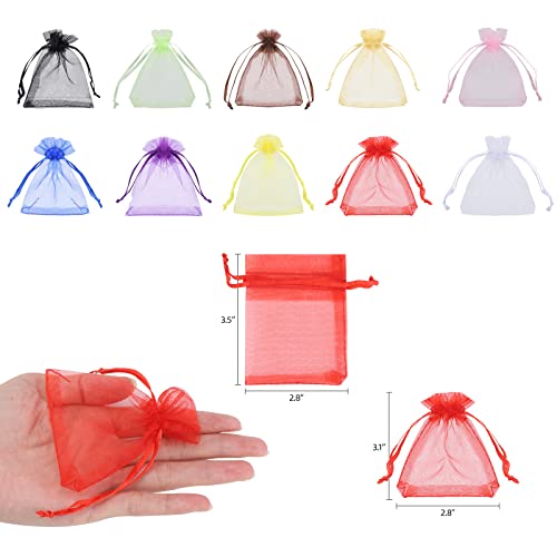 acDesign 200Pcs Premium Sheer Organza Bags 2.8"x3.6" Jewelry Gift Bags With Drawstrings for Candy Jewelry Makeup Pouches(Mix)