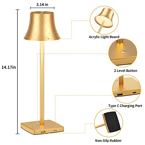 JALVDE Battery Powered Table Lamp, Rechargeable Cordless LED Desk Lamp Minimalist 5000mAh Battery Operated Lamp (2X Gold)