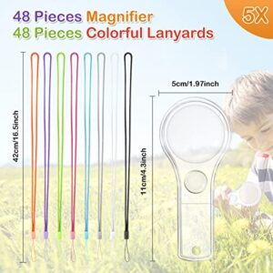 IRCHLYN 48Pcs Magnifying Glass for Kids Plastic Magnifier 5X Mini Hand Lens with 48 Lanyards for Science Class Reading Party Outdoor Observation Activity