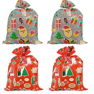 niceup 4-pack jumbo christmas gift wrapping bags with name tag & tie, 36”x48” extra large plastic santa pattern xmas festival present bags for big giant gift kids bike stuffer toys (2 red+2 brown)