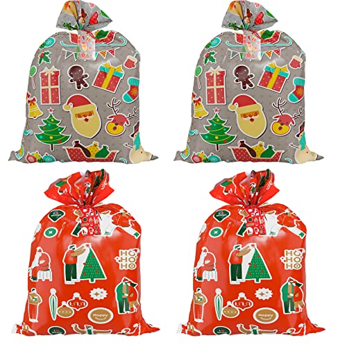 Niceup 4-Pack Jumbo Christmas Gift Wrapping Bags with Name Tag & Tie, 36”X48” Extra Large Plastic Santa Pattern Xmas Festival Present Bags for Big Giant Gift Kids Bike Stuffer Toys (2 Red+2 Brown)