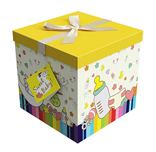 Gift Box 10x10x10 Petit Bebe Collection - Easy to Assemble & Reusable - No Glue Required - Ribbon, Tissue Paper, and Gift Tag Included - EZ Gift Box by Endless Art US