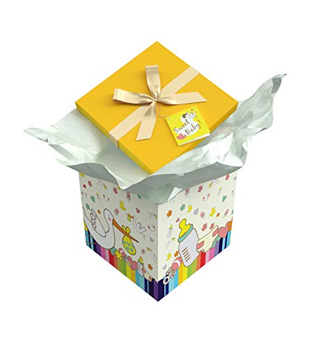 Gift Box 10x10x10 Petit Bebe Collection - Easy to Assemble & Reusable - No Glue Required - Ribbon, Tissue Paper, and Gift Tag Included - EZ Gift Box by Endless Art US