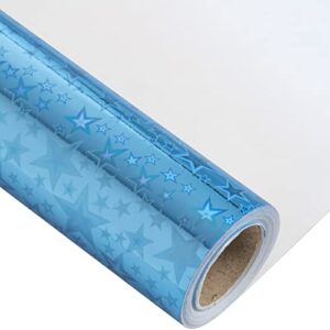 LeZakaa Blue Holographic Wrapping Paper - Mini Roll - Star Print for Birthday, Holiday - 17.32 inches x 32.8 Feet (47.23 sq.ft.)