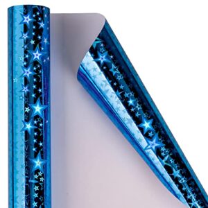 lezakaa blue holographic wrapping paper – mini roll – star print for birthday, holiday – 17.32 inches x 32.8 feet (47.23 sq.ft.)