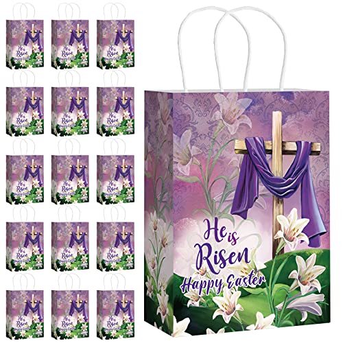 16 Pieces Easter Treat Bags Inspiring He Is Risen Sign Paper Gift Bags Cookie Egg Candy Goody Religious Gifts Easter Bags with Handles for Easter Theme Bible School Christian Religious Party Favor