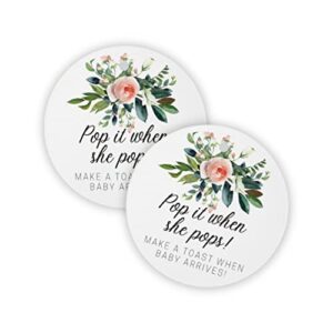 pop it when she pops champagne tag | 30 pack | 2.5″ inch circle tag with pre-cut hole | baby shower party favor tag | floral design for baby shower party favor