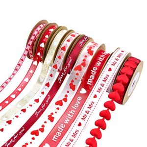 changsha 9 Rolls Hearts Ribbon Set - Valentine's Day Mother's Day Satin Ribbon, Printed Heart Ribbons for Gift Wrapping, Wedding Birthday Party Decorations, Crafts DIY Supplies (Valentine)