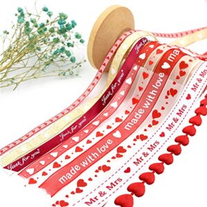 changsha 9 Rolls Hearts Ribbon Set - Valentine's Day Mother's Day Satin Ribbon, Printed Heart Ribbons for Gift Wrapping, Wedding Birthday Party Decorations, Crafts DIY Supplies (Valentine)