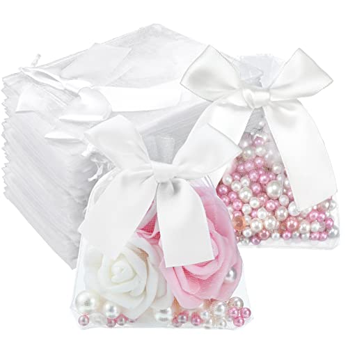 50 Pcs Organza Bags with Bows Bulk 3.54 x 4.72 Inches Jewelry Bags Wedding Favors White Gift Bags with Drawstring Small Sachet Bags for Party Birthday Candy Soap Business Guests Wrapping Packaging