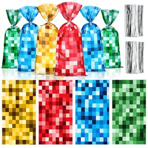 100 pieces pixel mine party favors bags red yellow blue green pixel candy bags cellophane bags for party supplies, goodie bags treat bags with 150 pcs silver twist ties for pixel themed birthday party