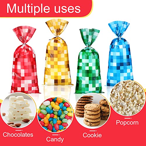 100 Pieces Pixel Mine Party Favors Bags Red Yellow Blue Green Pixel Candy Bags Cellophane Bags for Party Supplies, Goodie Bags Treat Bags with 150 Pcs Silver Twist Ties for Pixel Themed Birthday Party